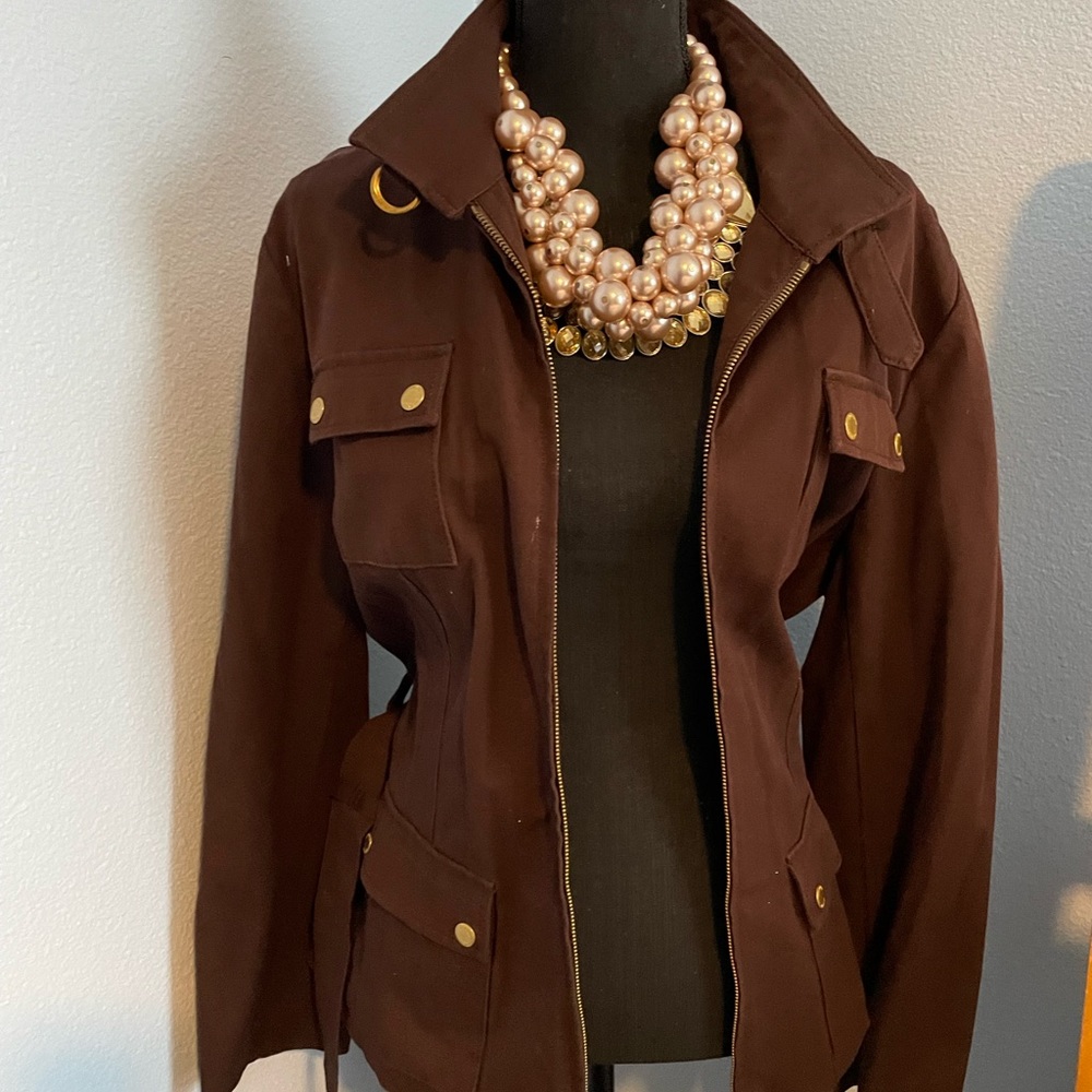 Jones New York Signature Brown Belted Jacket with gold accent buttons.